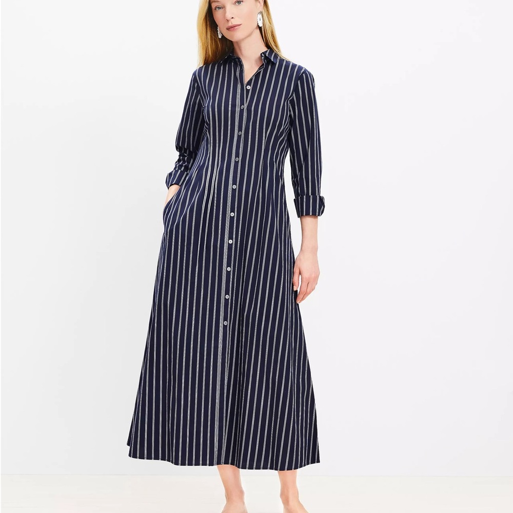 LOFT Navy and White Striped Long Sleeve Dress